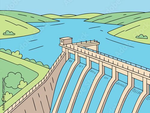 Cartoon Illustration of Dam with Multiple Spillways, Control Rooms, Flowing River Through Structure Amid Green Hills and Trees Under Partly Cloudy Sky