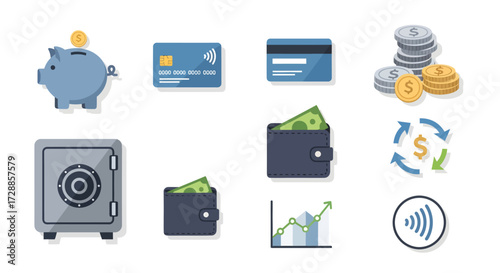 Collection of financial icons representing banking, money, credit cards, and investments.