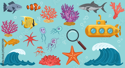 Underwater scene with fish coral a submarine and ocean waves