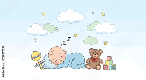 A cute baby sleeping peacefully on a pillow with a teddy bear and baby toys nearby, surrounded by clouds and stars.