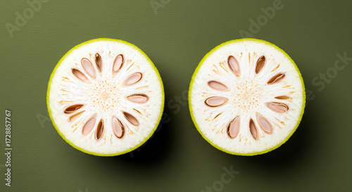 Monk Fruit Cross Section on a Minimal Olive Green Background
