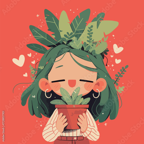 A cheerful young woman smiles while holding a pot of lush green plants. Her hair is adorned with leaves, creating a vibrant scene full of joy and nature.