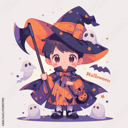 A young character dressed as a witch stands happily among friendly ghosts. The vibrant costume features orange and purple colors, perfect for Halloween fun.