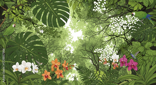 A vibrant, lush jungle canopy teeming with exotic orchids, colorful parrots, and delicate hummingbirds, bathed in dappled sunlight.