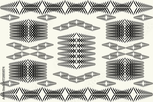 A sophisticated monochrome pattern featuring intricate geometric formations with dynamic symmetry. The interplay of bold black gradients against a soft ivory backdrop creates a modern yet timeless .
