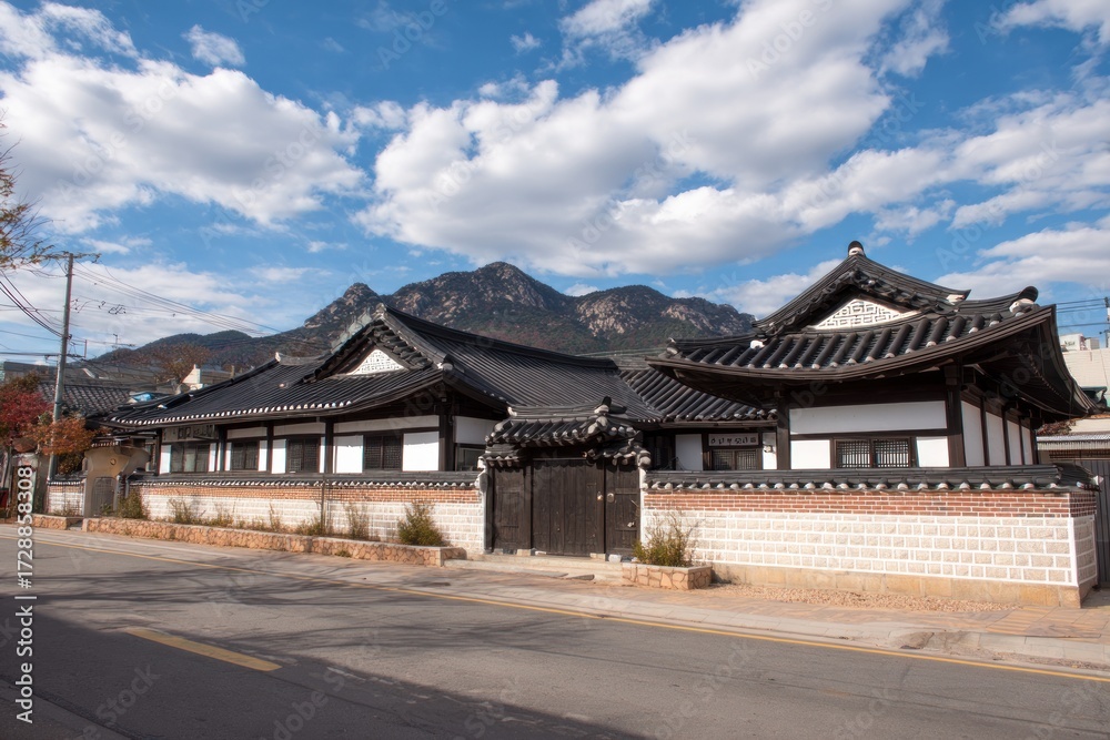 Fototapeta premium Traditional Korean architecture displays a serene, well-preserved home nestled in a quaint street setting, with a view of distant mountains and a clear blue sky.