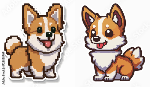 Two adorable corgi designs in pixel art style feature bright colors and joyful expressions. Each sticker captures the charm and personality of these lovable dogs.