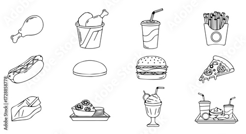 Delicious Fast Food Icons A Black and White Illustration of Popular Menu Items and Treats