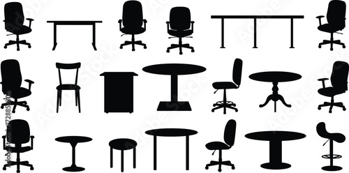 chair, table, stool, office, dining, furniture, silhouette, vector, design, modern, classic, interior, home, business, seat, desk, object, illustration, icon, arrangement table, stool