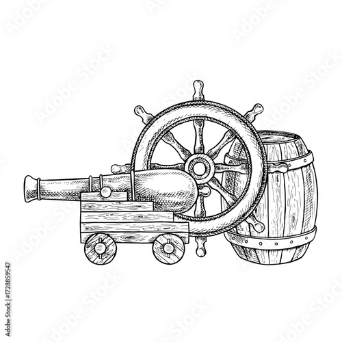 An old cannon, a ship s wheel, and a barrel. Black and white graphics, hand-drawn vector illustrations. For children s games and celebrations. For stickers, posters and banners, packaging, and more.