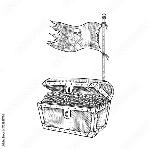 An old chest with gold coins and a pirate flag. Black and white graphics, vector illustrations. Hand-drawn illustrations. For children s games and celebrations. For stickers, posters, banner and more.