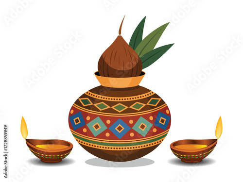 Decorated pot with coconut and oil lamps diya decoration