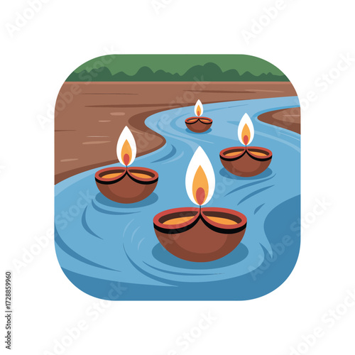 Floating diyas on a river with green hills lamp oil lamp