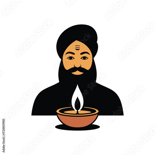 Guru Nanak ji with lit diya oil lamp Sikhism religion