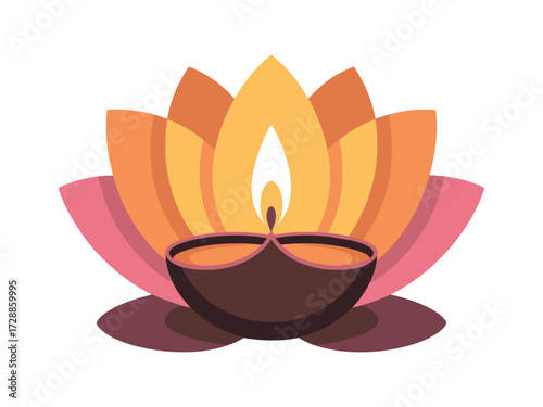 Lotus flower with lit diya oil lamp flame light
