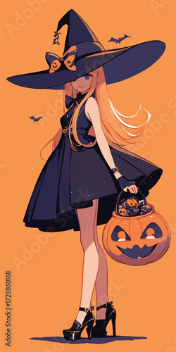 A young witch stands confidently against an orange backdrop, wearing a stylish black dress and a large hat. She holds a pumpkin bucket ready for Halloween.