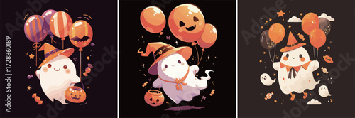 Three adorable ghost characters enjoy Halloween festivities by holding colorful balloons and sweet treats. They wear playful hats and exude a cheerful atmosphere.