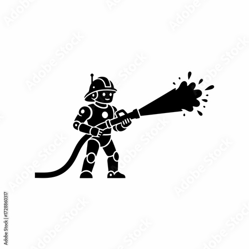 Futuristic robot firefighter bravely douses flames with powerful water spray, showcasing innovative safety technology and heroic action for modern emergency services.