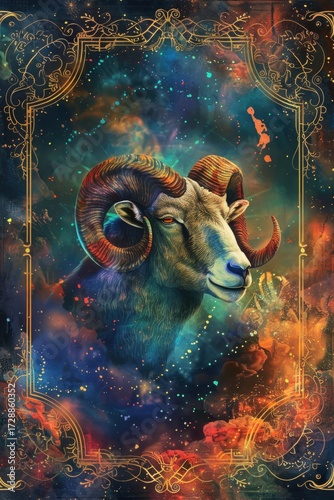 Majestic Ram Surrounded by Cosmic Colors and Intricate Patterns, Symbolizing Strength and Leadership in a Dreamlike Fantasy Setting