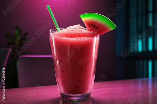 Refreshing Pink Watermelon Slushy Drink with Straw and Garnish beverage refreshment