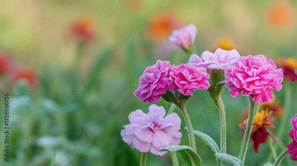 Fototapeta premium dew. Flower arrangement in a morning garden with natural light and dew. gardening catalogs, home-decor guides, designed for gardening and botanical catalogs, enhances decor appeal. 