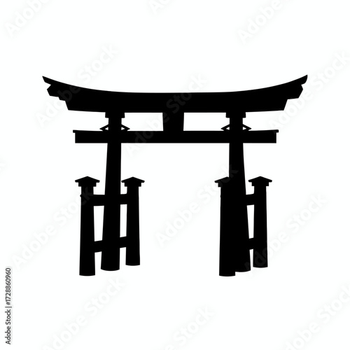 Iconic black silhouette of a traditional Japanese Torii gate standing majestically, symbolizing entry to sacred spaces and cultural heritage, perfect for travel and spiritual themes.
