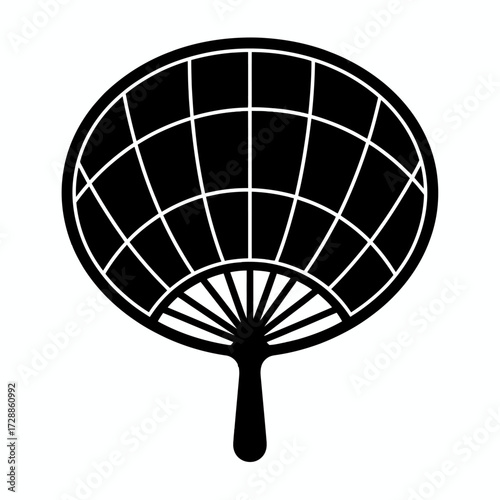 Elegant black fan silhouette with a modern grid pattern, perfect for cultural themes, summer breezes, and sophisticated design projects.