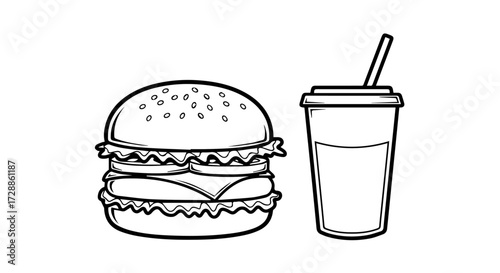 A classic fast food combo meal with a cheeseburger and soda drink, illustrated in a simple black and white line art style for menus or icons