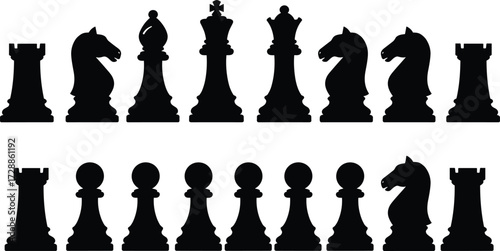 Chess pieces silhouette, black icons, strategy game, full set, king queen rook bishop knight pawn, abstract design, competition, board pieces silhouette, black icons, strategy game, full set