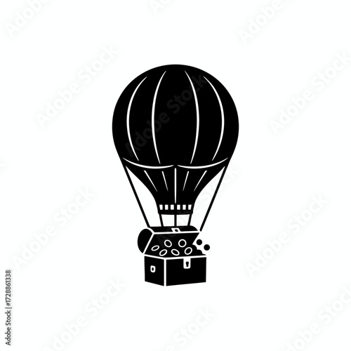 Soaring hot air balloon carries an overflowing treasure chest, symbolizing adventure, wealth, and exciting new opportunities for exploration and discovery