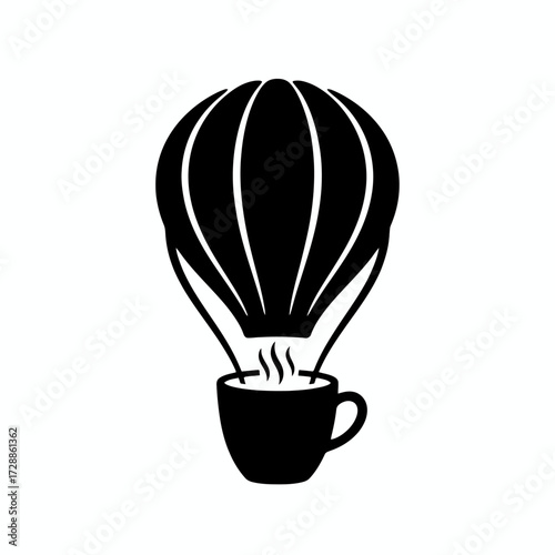 Whimsical hot air balloon cleverly designed as a steaming coffee cup, symbolizing adventure and morning energy for creative brands and beverage marketing