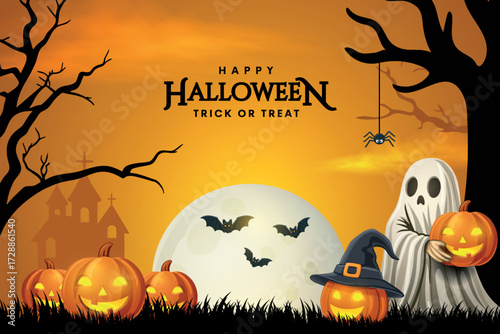 Happy halloween banner or party invitation background with yellow clouds, ghost, bats and pumpkins.