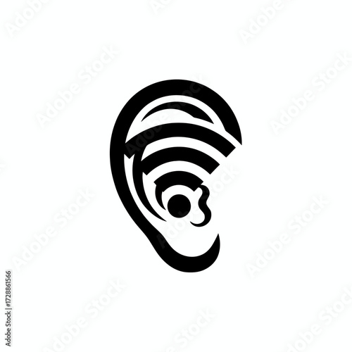Captivating black and white ear logo design symbolizing sound, hearing, and audio transmission for modern brands, technology, and communication.