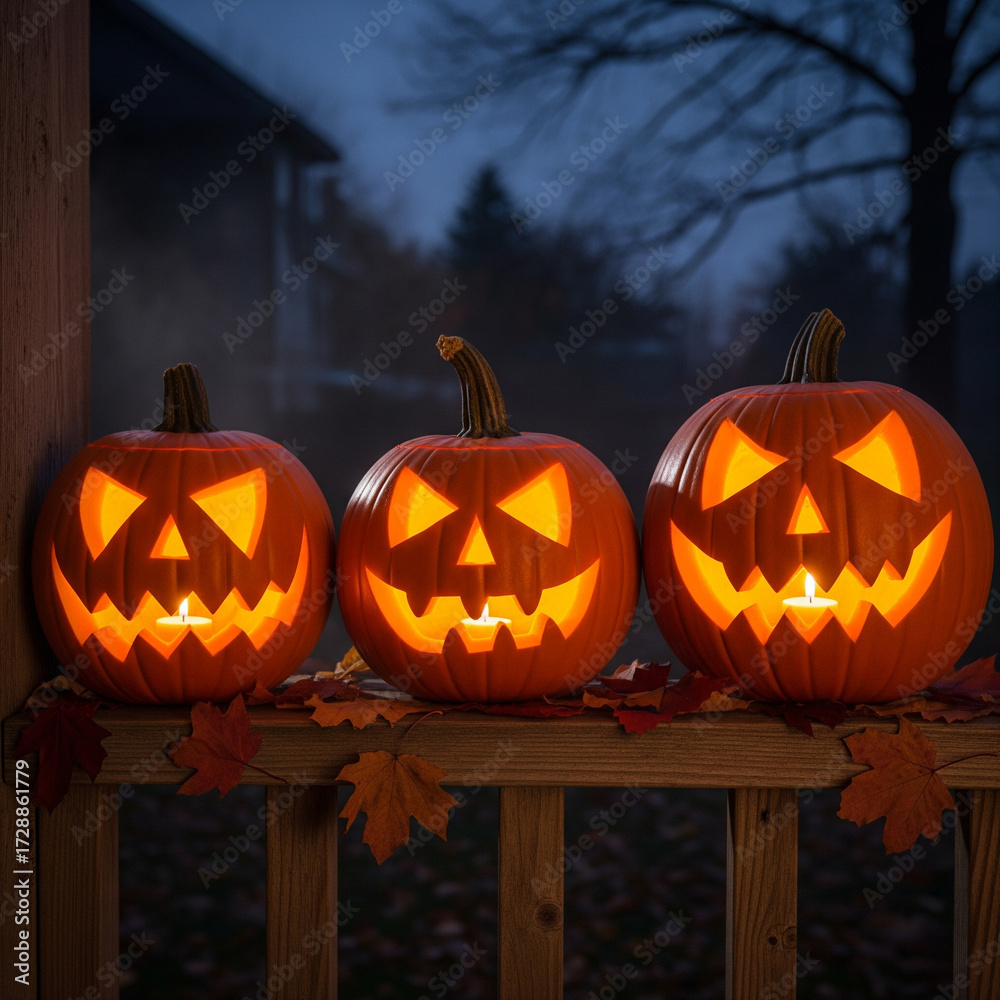 Obraz premium Halloween pumpkins carved with faces, candle light, realistic photography