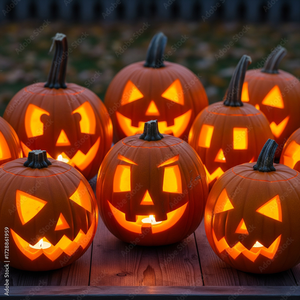 Fototapeta premium Halloween pumpkins carved with faces, candle light, realistic photography