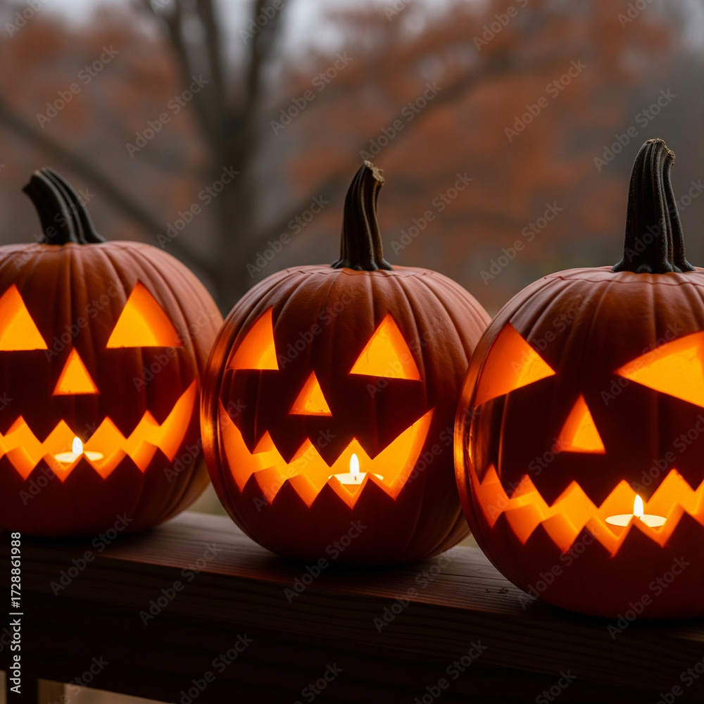Fototapeta premium Halloween pumpkins carved with faces, candle light, realistic photography