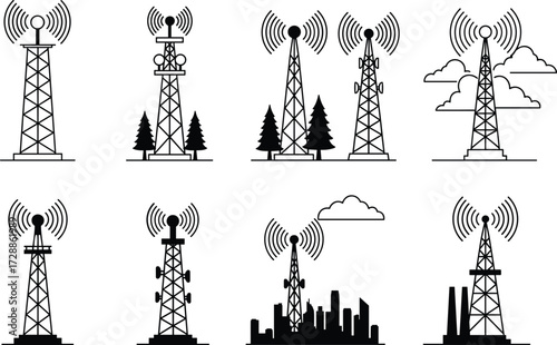 Communication tower, radio antenna, wireless signal, telecom mast, broadcast infrastructure, mobile network, satellite communication, transmission tower, digital technology, cityscape, industrial back