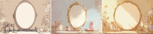 Three ornate mirrors rest on a vanity table, surrounded by beauty products and soft lighting. Each mirror reflects a serene atmosphere full of potential.