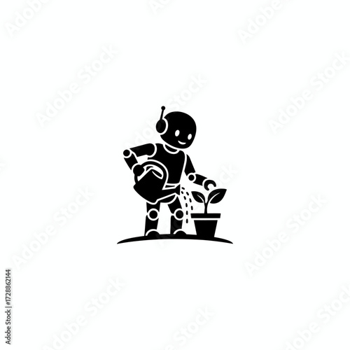 Cute robot lovingly waters a small green plant in a pot, symbolizing growth, care, and the future of technology nurturing nature in a modern world.