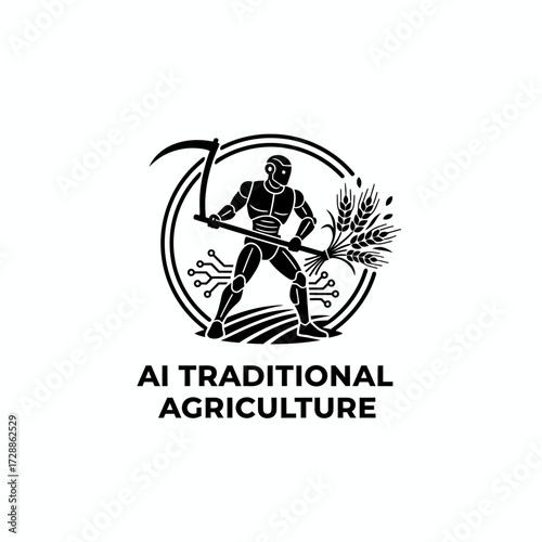 Futuristic robot with scythe and wheat symbolizes advanced agricultural technology blending tradition with innovation for modern farming solutions