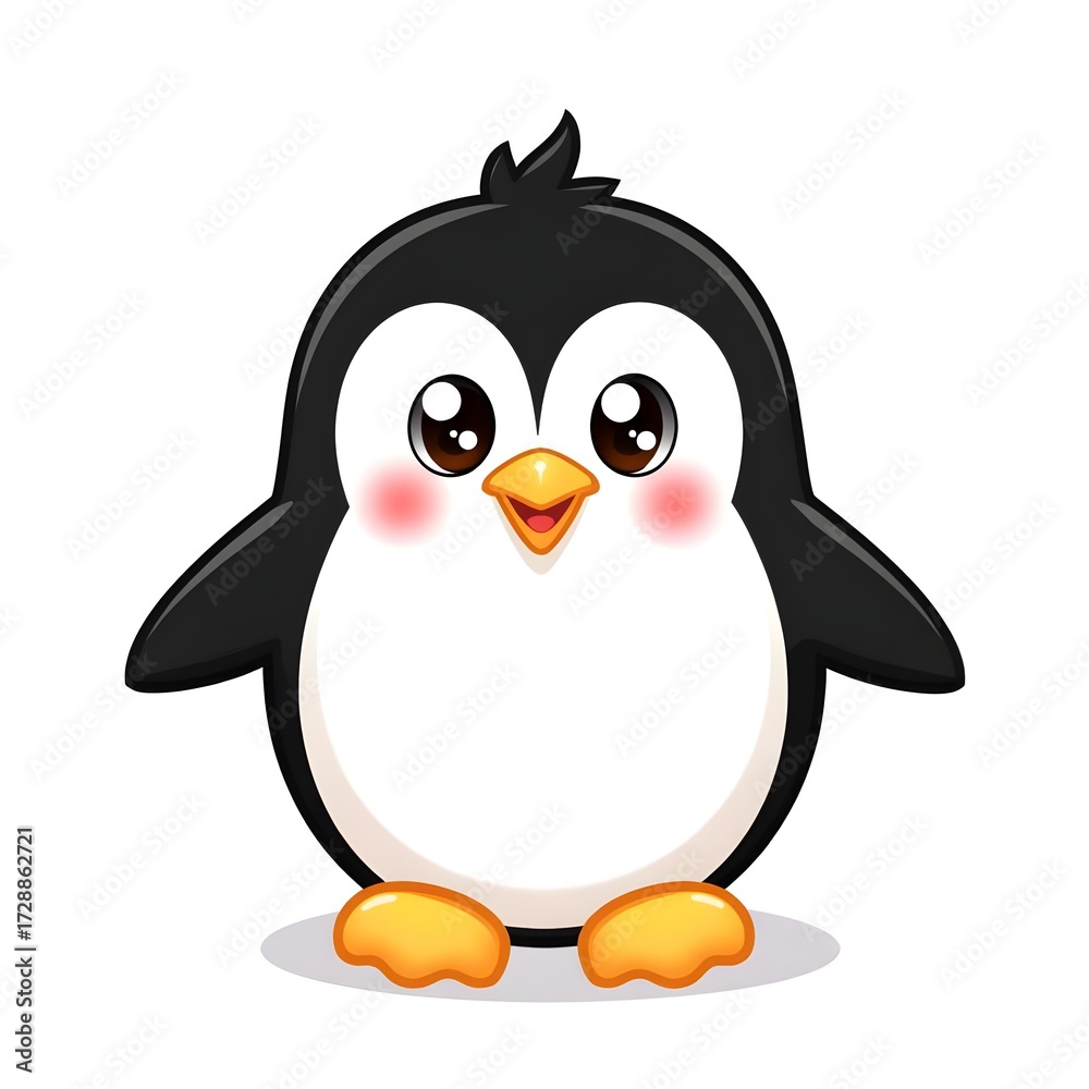 Fototapeta premium Cute Cartoon Penguin Character with Big Eyes and Orange Beak Illustration on white background 