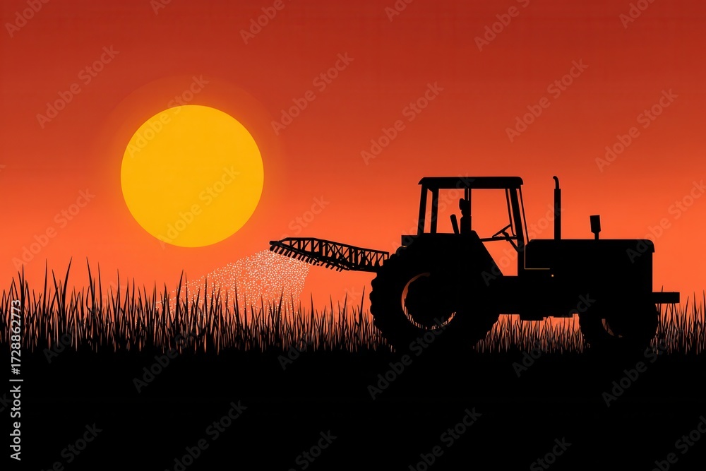 Fototapeta premium Sunset farm silhouette with tractor spraying fields