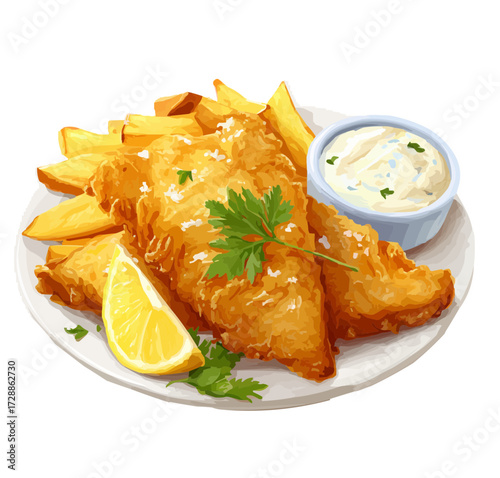 vector illustration, isolate,  fish and chips portion