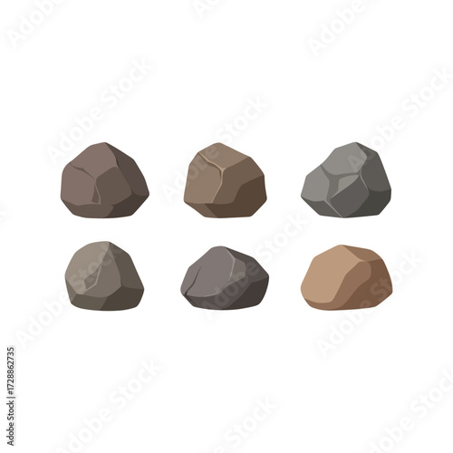 Collection of six textured rocks isolated on white for design and illustration purposes vector