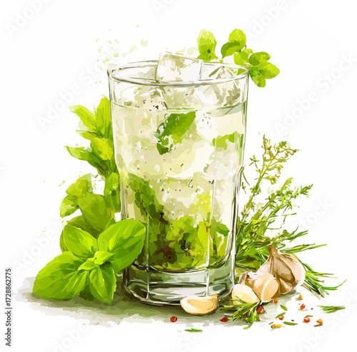 vector illustration, isolate,   iced herbal infusion