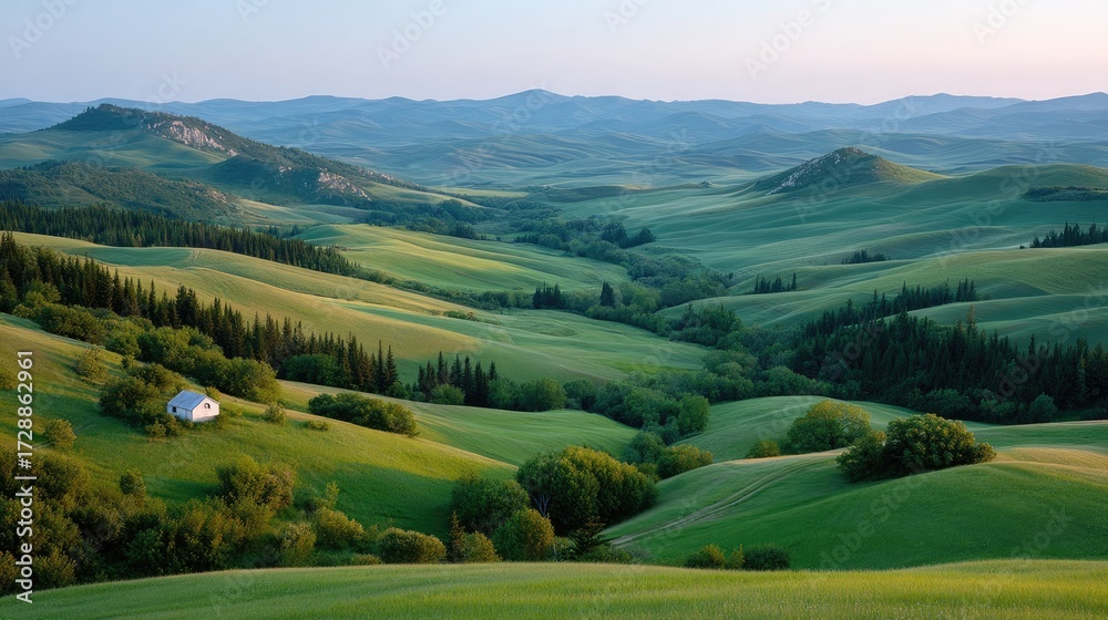 Fototapeta premium Rolling Green Hills under Golden Sunset Sky Tranquil Countryside Landscape Serene Valley Lush Greenery Scenic View in Soft Natural Lighting
