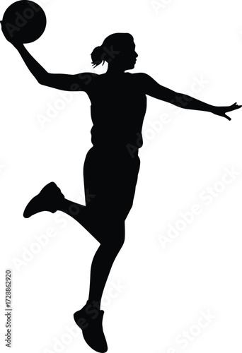  Silhouette of basketball player jumping with ball, athlete performing slam dunk action, sports vector illustration for competition, training, teamwork, exercise, fitness design