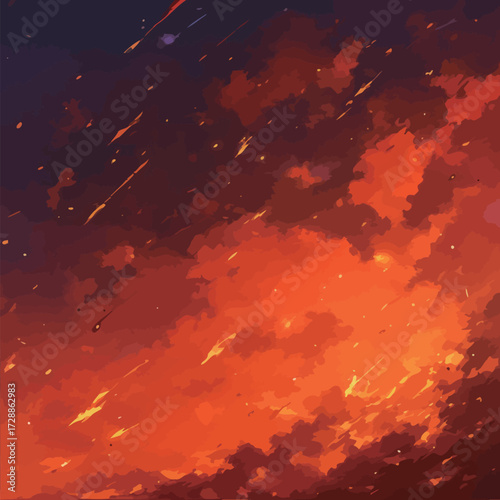 A dramatic evening sky is filled with deep orange and red hues, and bright streaks of light appear to fall from the heavens, creating a mesmerizing scene.