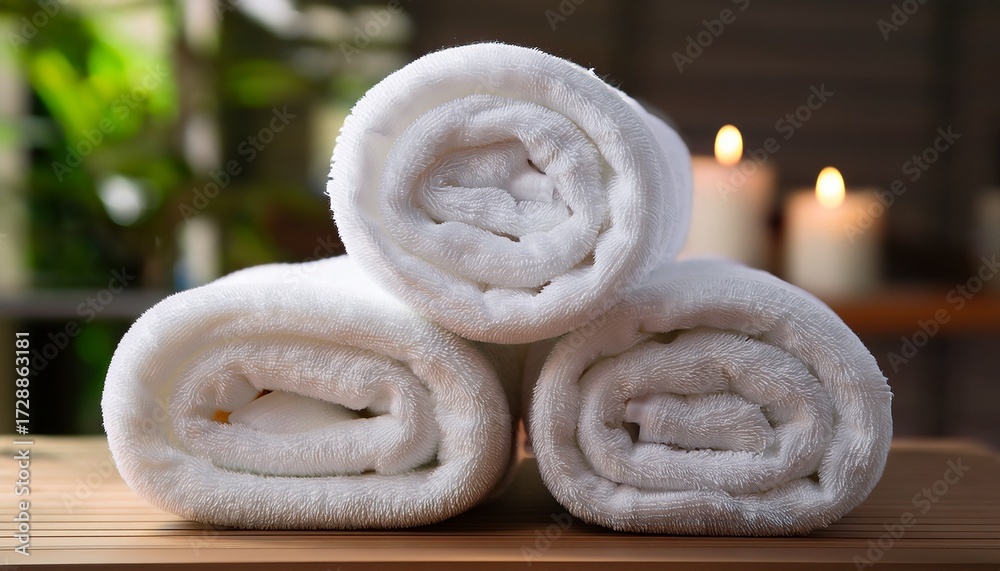 Fototapeta premium two neatly rolled white terry cloth towels stacked on top of each other