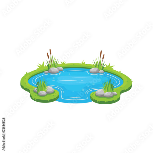 Vibrant cartoon pond with reeds rocks and lush green grass peaceful nature scene vector